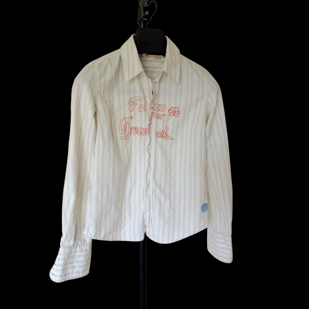 Y2K Guru Jam Session Small Cream Pinstripe Embroidered Button Down Shirt